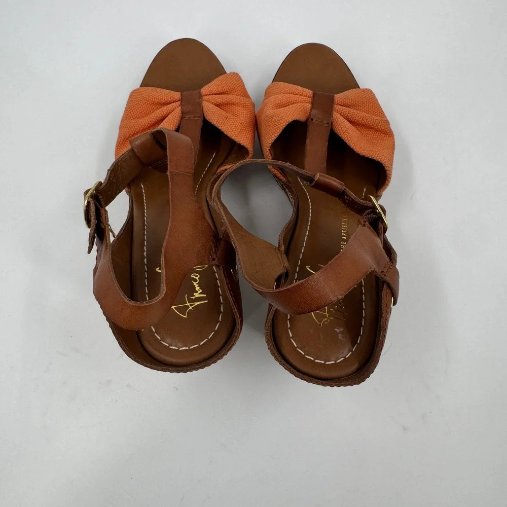 Franco Sarto Riviera Wedge Sandal Womens 8.5 Brown Orange Leather Bow Espadrille